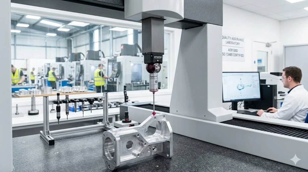 Coordinate Measuring Machine CMM ruby probe inspecting critical tolerances of a CNC machined part for quality compliance Coordinate Measuring Machine CMM ruby probe inspecting critical tolerances of a CNC machined part for quality compliance