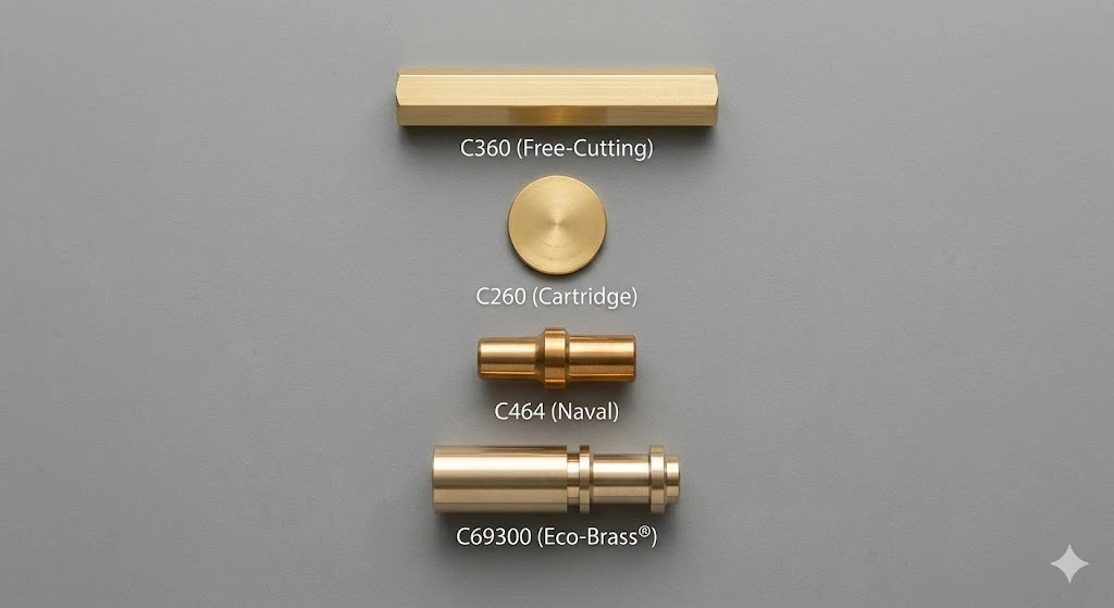 A curated display of various brass alloy parts including C360, C260, and lead-free Eco-Brass samples. A curated display of various brass alloy parts including C360, C260, and lead-free Eco-Brass samples.