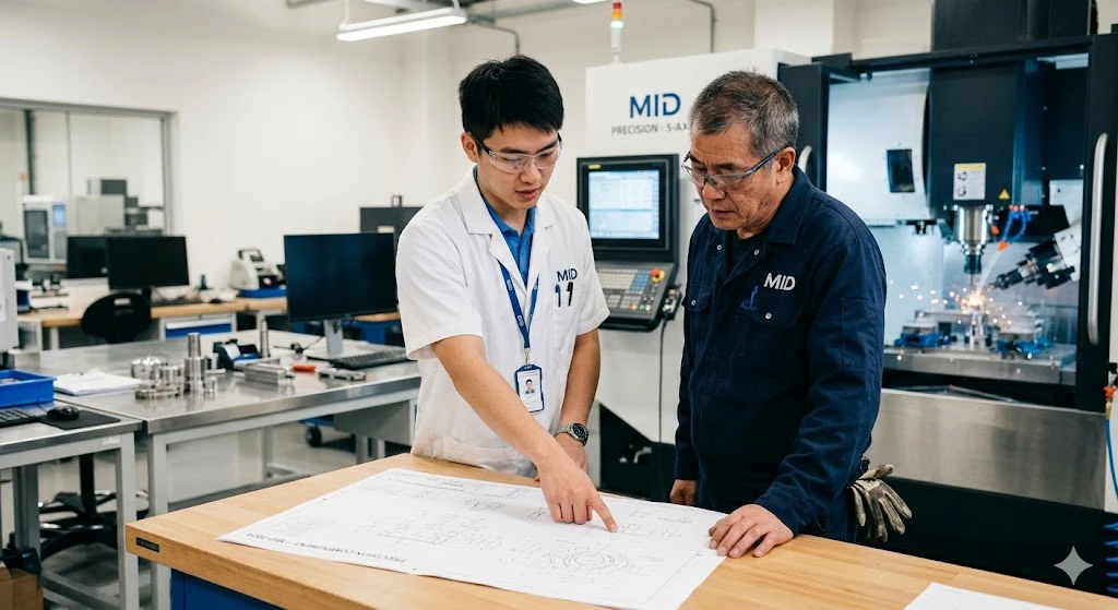 A young Chinese engineer and a senior CNC machinist reviewing a precision component engineering drawing in a modern manufacturing lab.