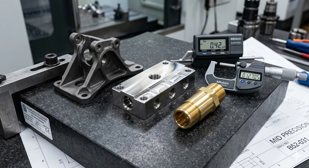 Close-up view of precision CNC machined parts in titanium, stainless steel, and brass, demonstrating high-quality surface finish.