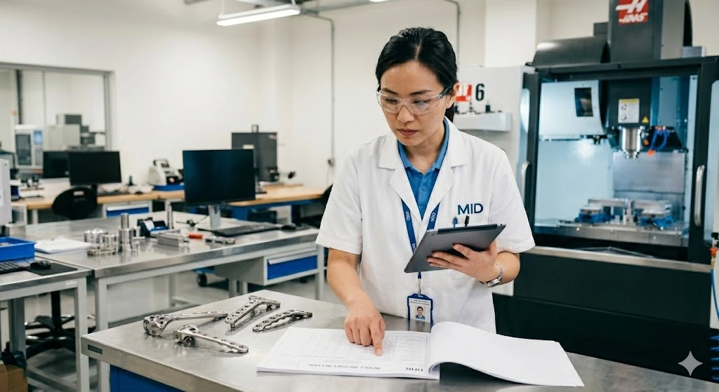 A Chinese quality assurance manager reviewing a Device History Record for medical device compliance in a clean inspection room. A Chinese quality assurance manager reviewing a Device History Record for medical device compliance in a clean inspection room.