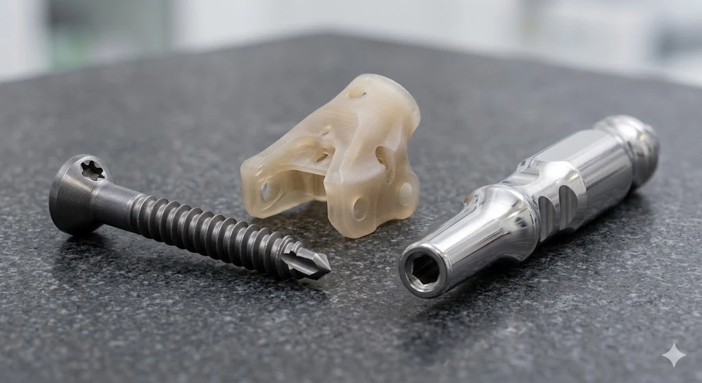 A collection of medical grade CNC machined parts including a titanium bone screw, a stainless steel surgical handle, and a PEEK component. A collection of medical grade CNC machined parts including a titanium bone screw, a stainless steel surgical handle, and a PEEK component.