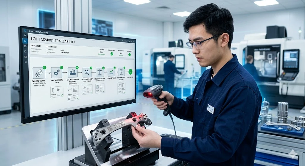 A Chinese manufacturing engineer scanning a machined medical component to verify lot traceability and material certification within a QMS system. A Chinese manufacturing engineer scanning a machined medical component to verify lot traceability and material certification within a QMS system.