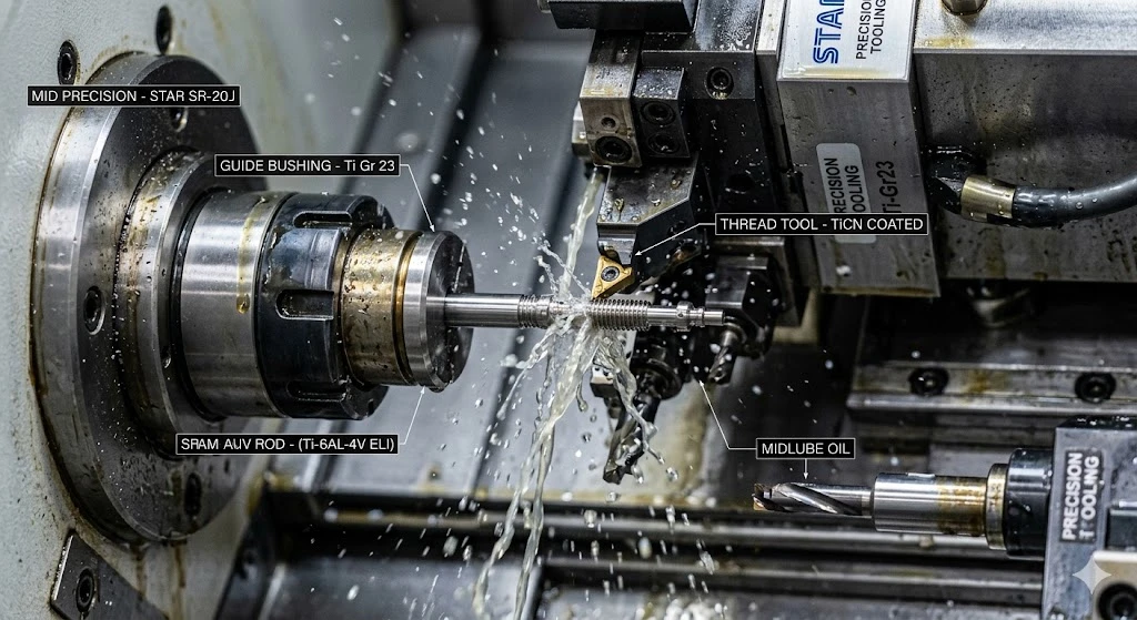 A high-precision Swiss CNC turning center machining a miniature titanium fixation pin for medical device applications. A high-precision Swiss CNC turning center machining a miniature titanium fixation pin for medical device applications.