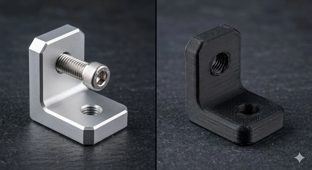 A side-by-side comparison of a precision CNC machined aluminium prototype and a 3D printed plastic placeholder. A side-by-side comparison of a precision CNC machined aluminium prototype and a 3D printed plastic placeholder.
