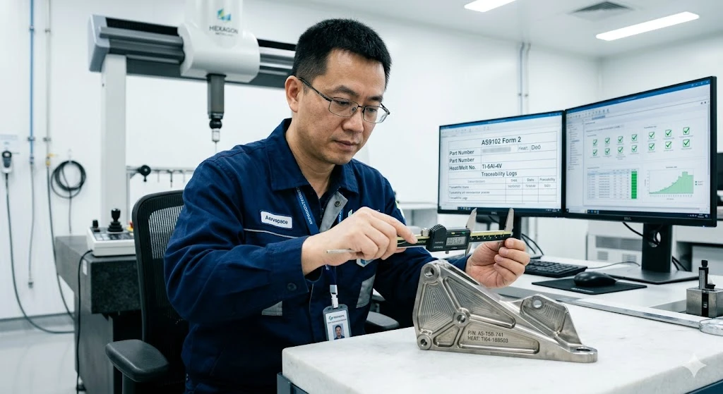 Chinese quality engineer inspecting a CNC machined aerospace structural bracket next to a CMM for AS9102 FAI compliance.