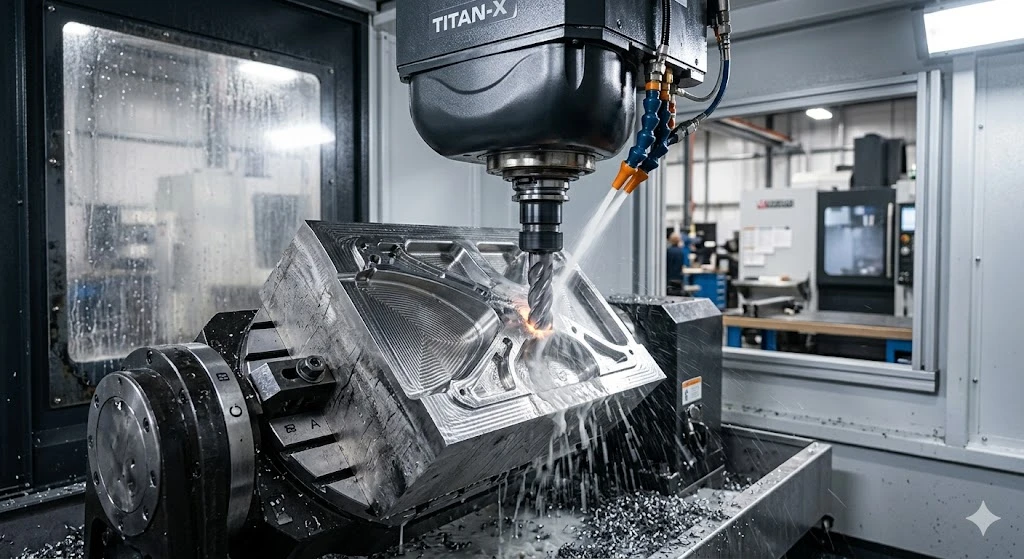 5-axis CNC milling machine cutting a complex titanium Ti-6Al-4V aerospace part with high-pressure coolant. 5-axis CNC milling machine cutting a complex titanium Ti-6Al-4V aerospace part with high-pressure coolant.