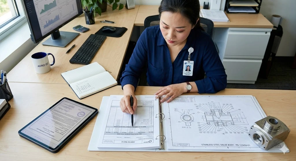 An aerospace document controller verifying an AS9102 Rev C Form 1 and Form 2 inspection package against ballooned drawings.